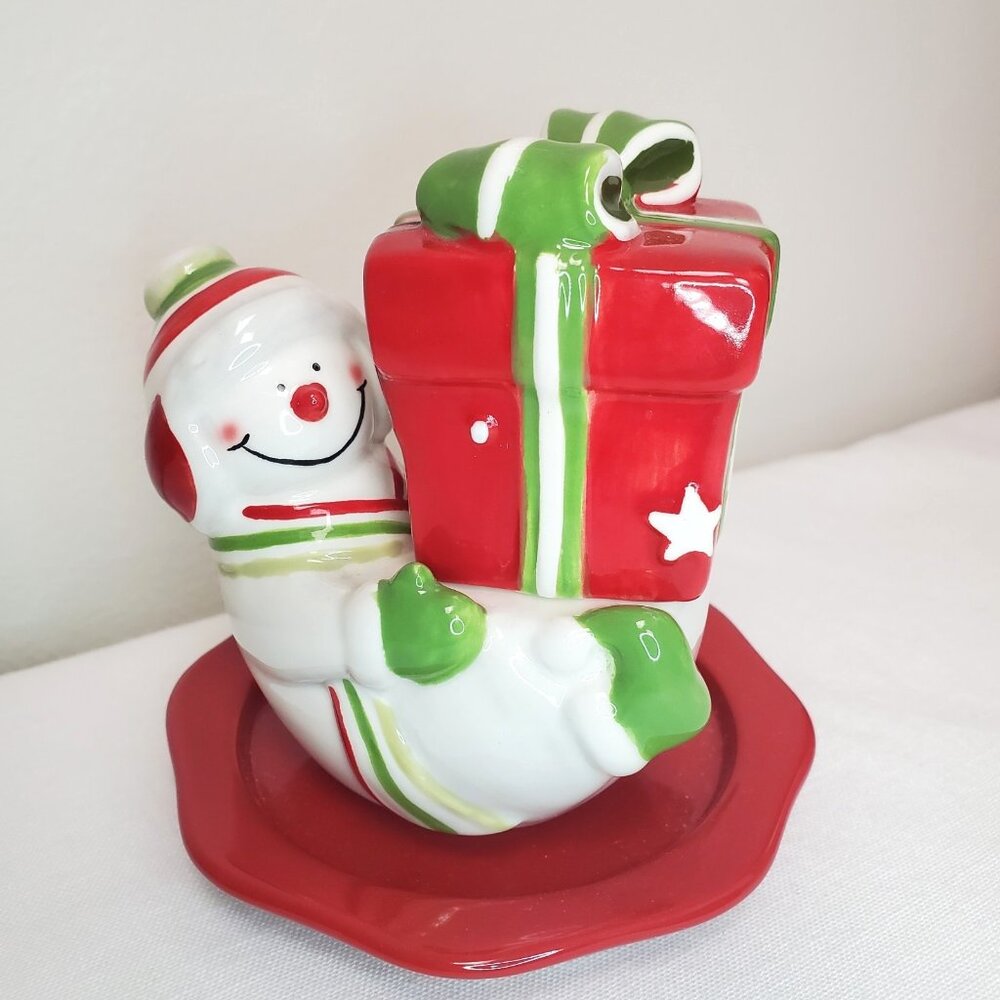Vintage Christmas Holiday Ceramic Salt and Pepper Shakers Happy Snowman Gift Set